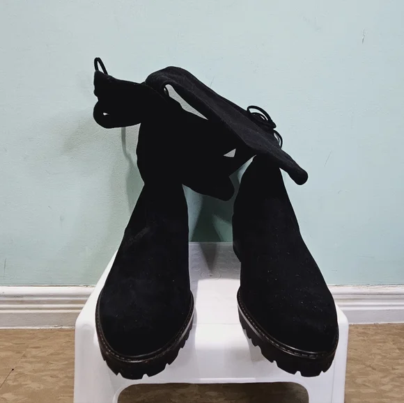 NEW STUART WEITZMAN Blaire City Black Suede Leather OTK Tie Block Heel Boots 9.5 - Picture 5 of 13